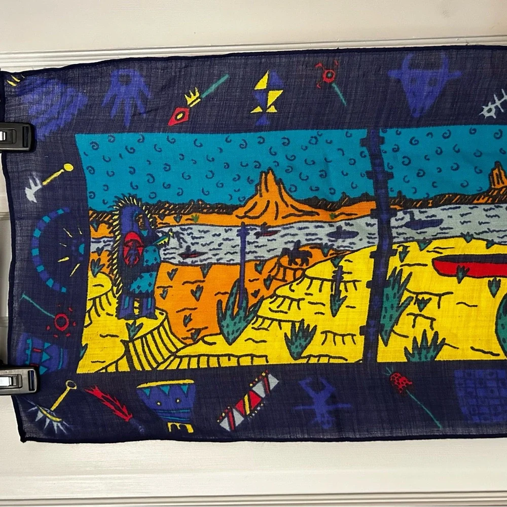 Colorful Novelty Print Scarf Teepee Indian Landscape Canoes Red Blue Multi 14x50